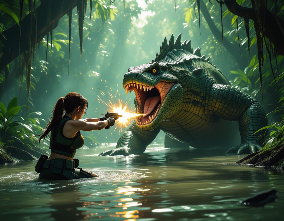 Lara Croft Battles Giant Snake in Horror Swamp