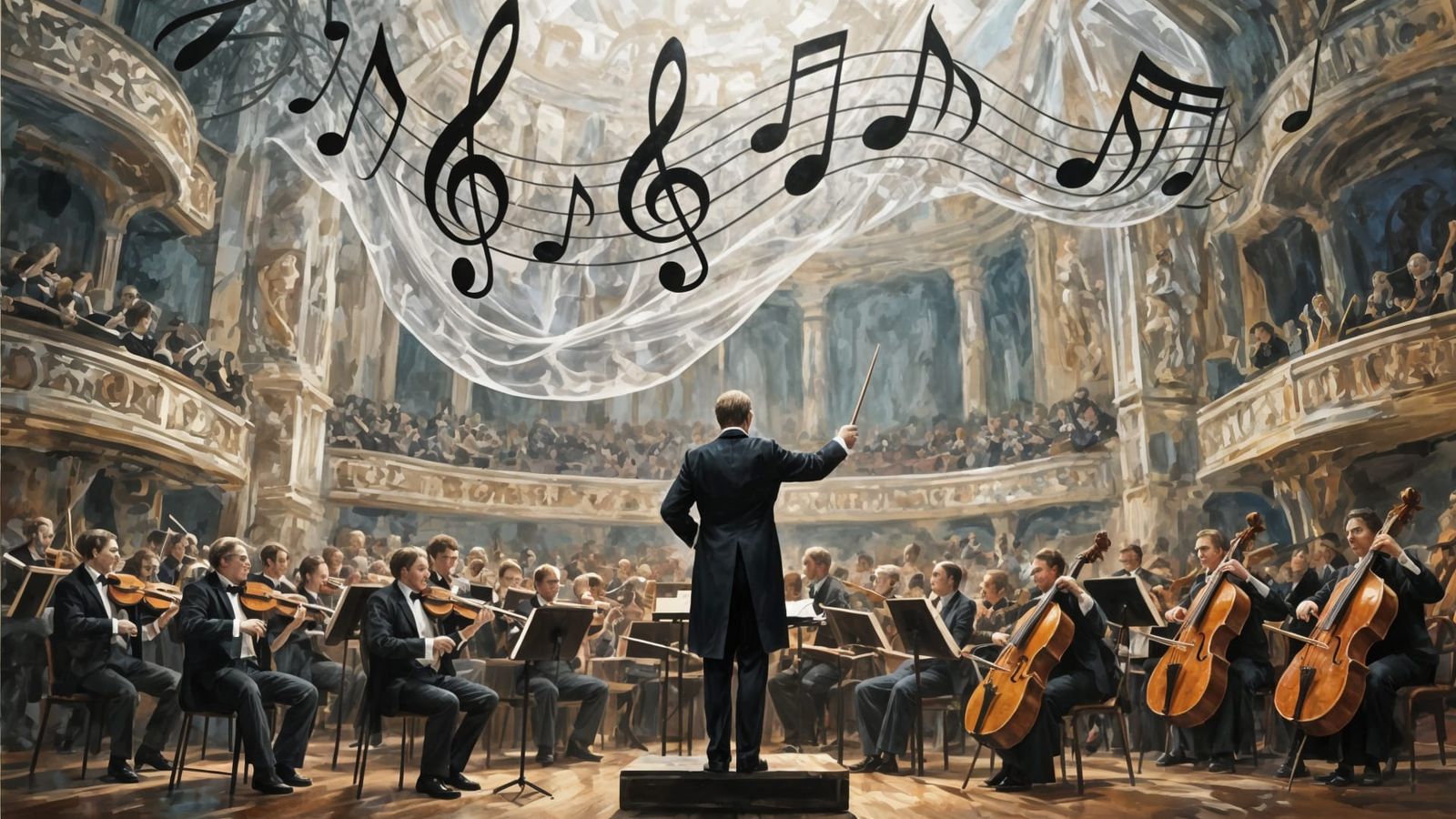 Orchestra Performance in Aesthetic Hall with Musical Note Ve...