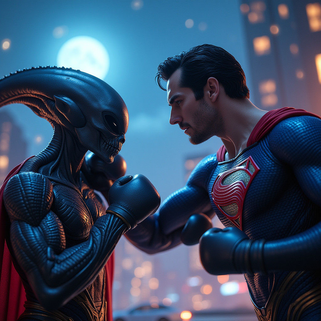 Alien Boxing Superman in Ruined City, Sci-Fi Concept Art