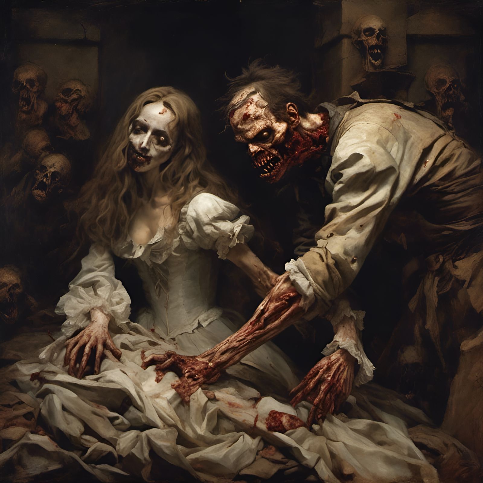 Rotting Zombies in Crypt, in Caravaggio Style