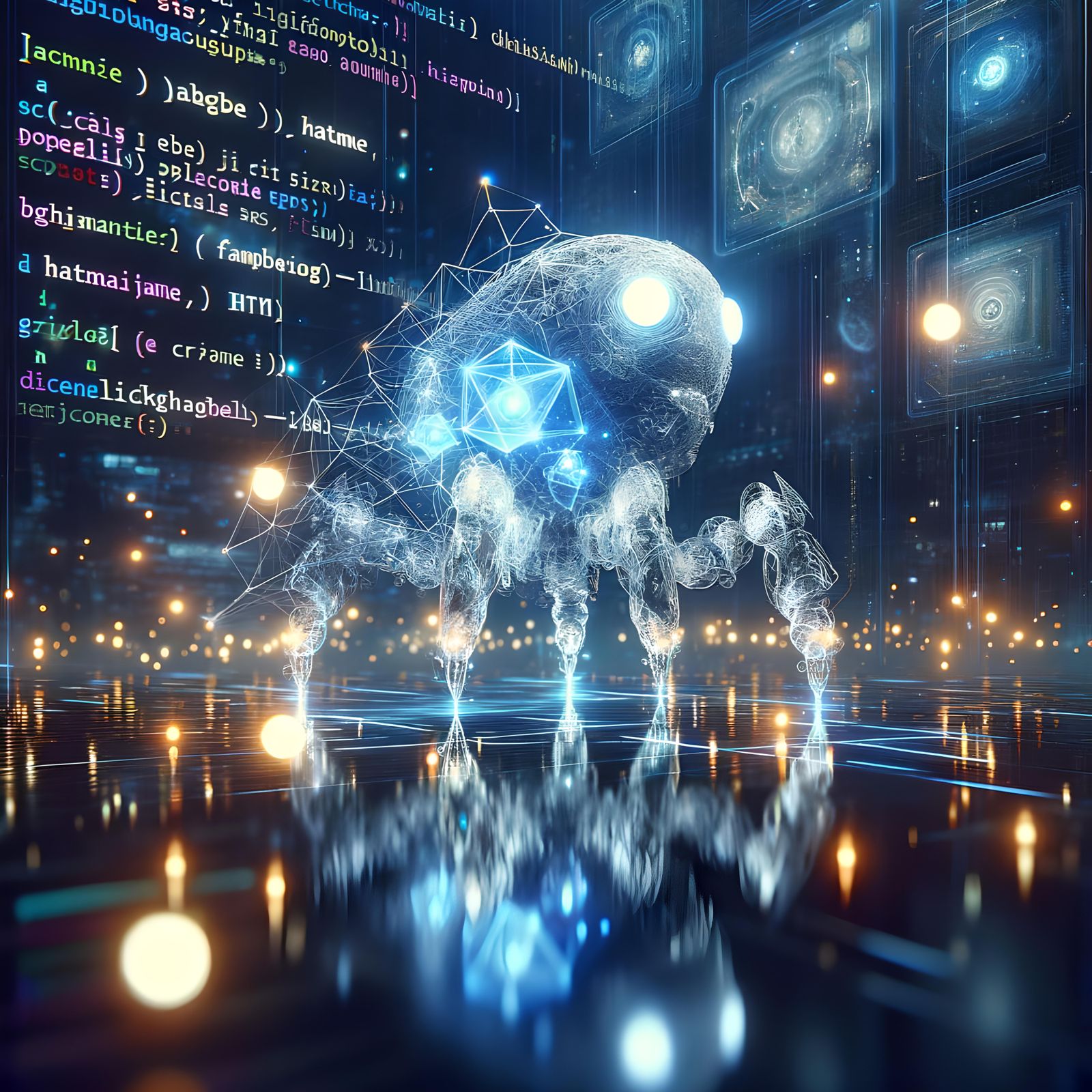 Translucent HTML Cybernetic Creature in Glitchcore Realm