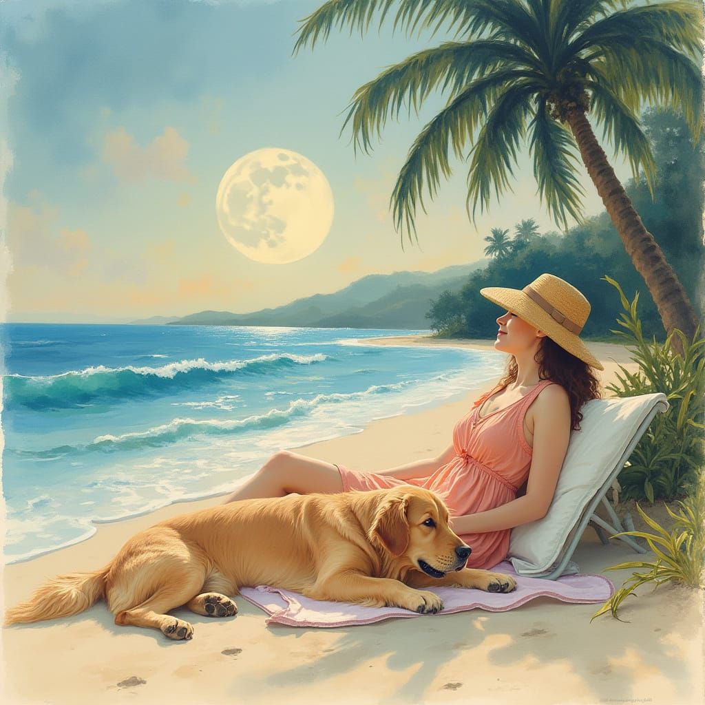 Woman and Dog on Beach in Watercolor Style
