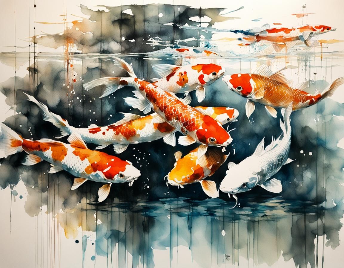 Koi Swimming in Pen, Ink, and Watercolor