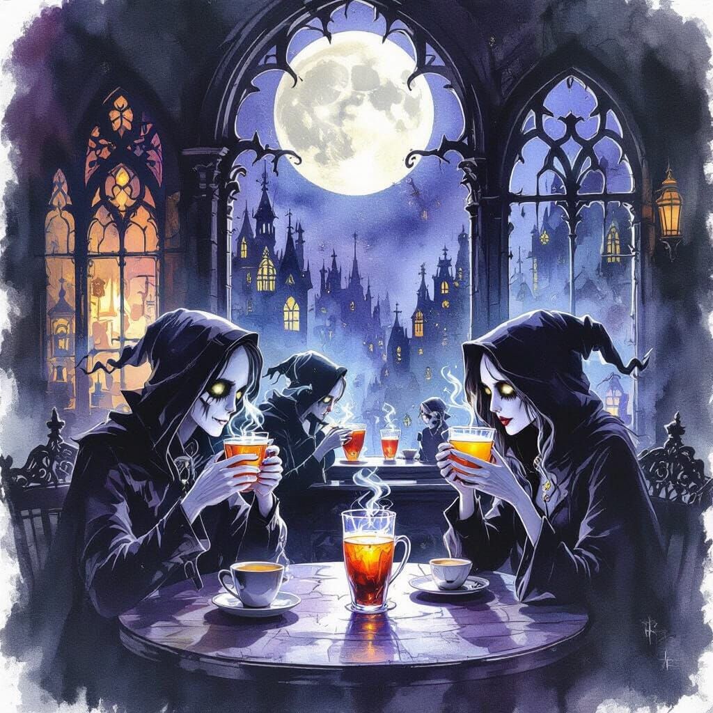 Gothic Coffeehouse Under Full Moon With Spectral Patrons