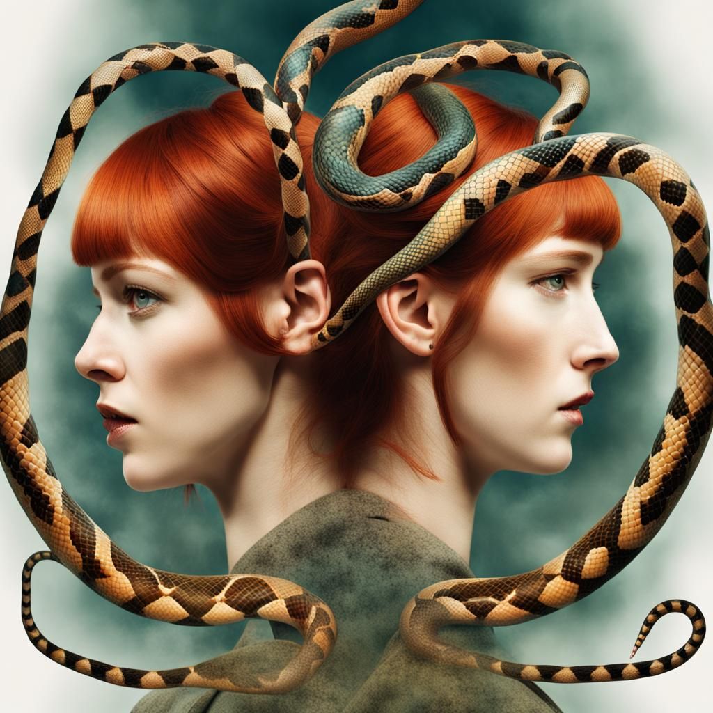 Magic Realism: Double Exposure with Snakes and Woman