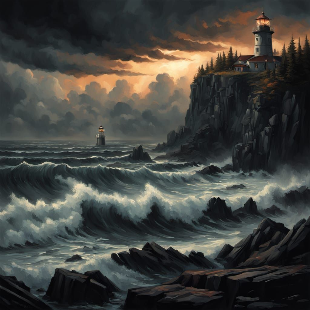 Lone Lighthouse in Stormy Seas, Chiaroscuro Style