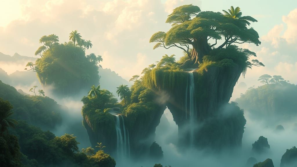 Surreal Tropical Floating Islands in Painterly Style