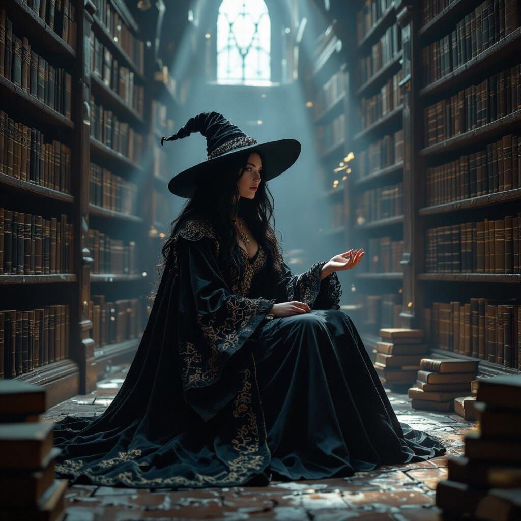 Witch in Ancient Library in Dark Fantasy Style