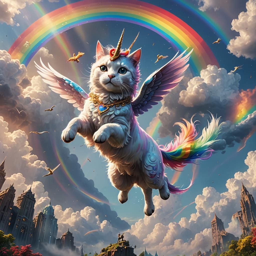 Rainbow Unicorn Cat Flying in the Sky