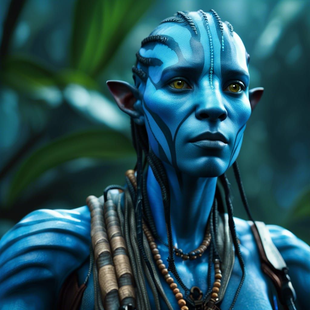 Hyperrealistic Blue Avatar in Jungle, 3D Cinematic Style