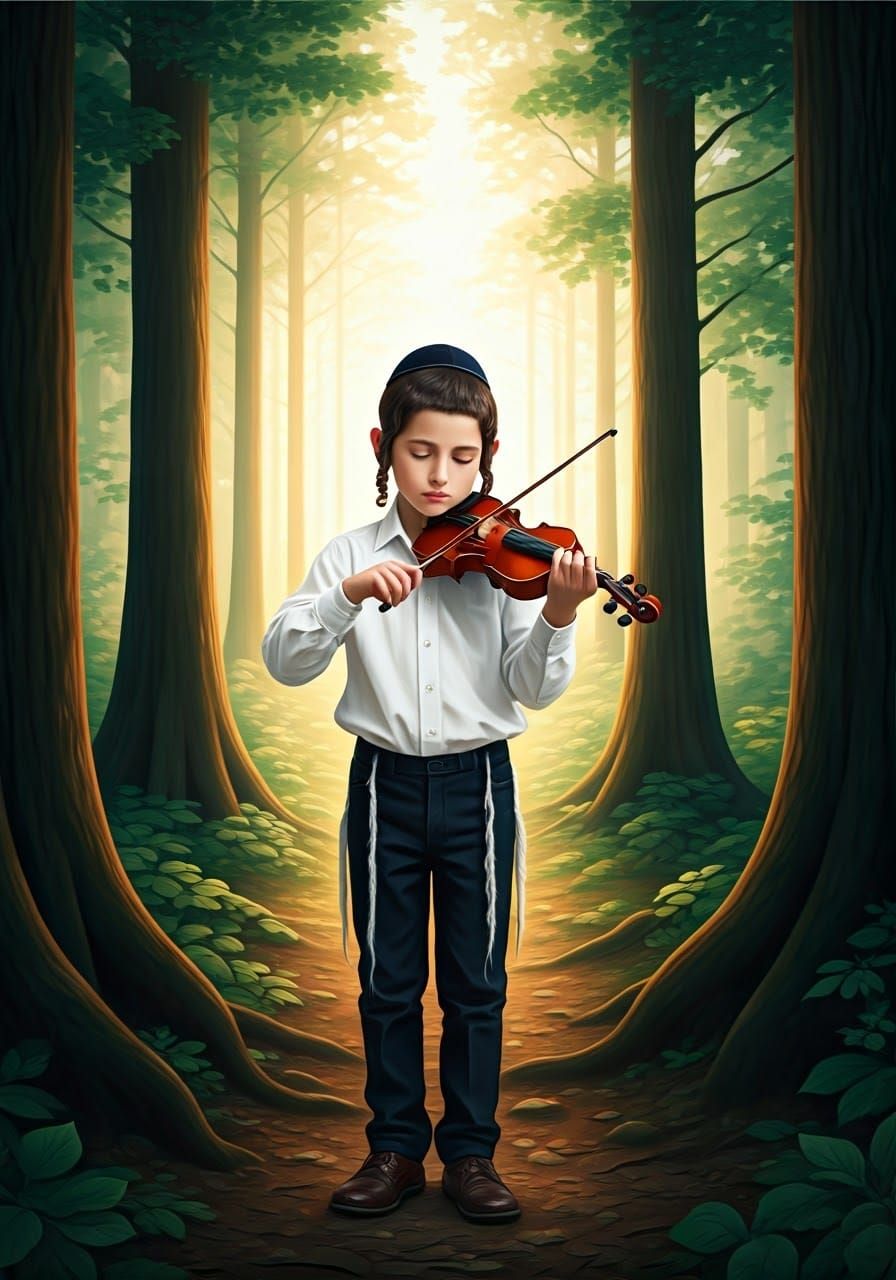 Jewish Boy Plays Violin in Forest, Atmospheric Realism