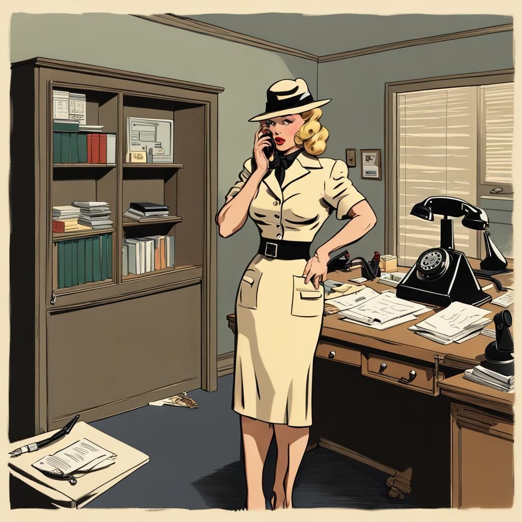 Detective Yelling into Phone in 1950s Office