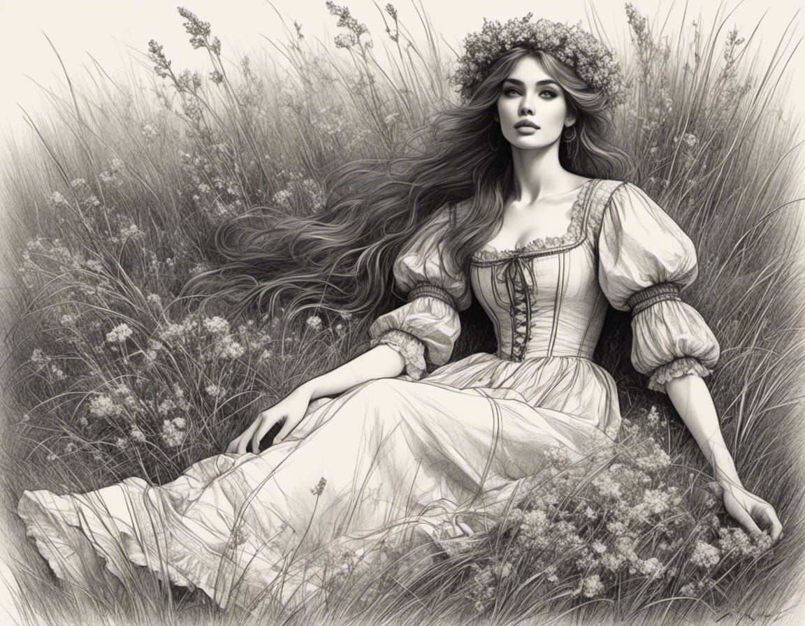 Fantasy Maiden Relaxing in Grassy Field Sketch