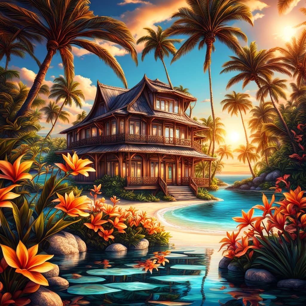 Tropical Oasis Paradise at Sunset, Hyperrealistic Image