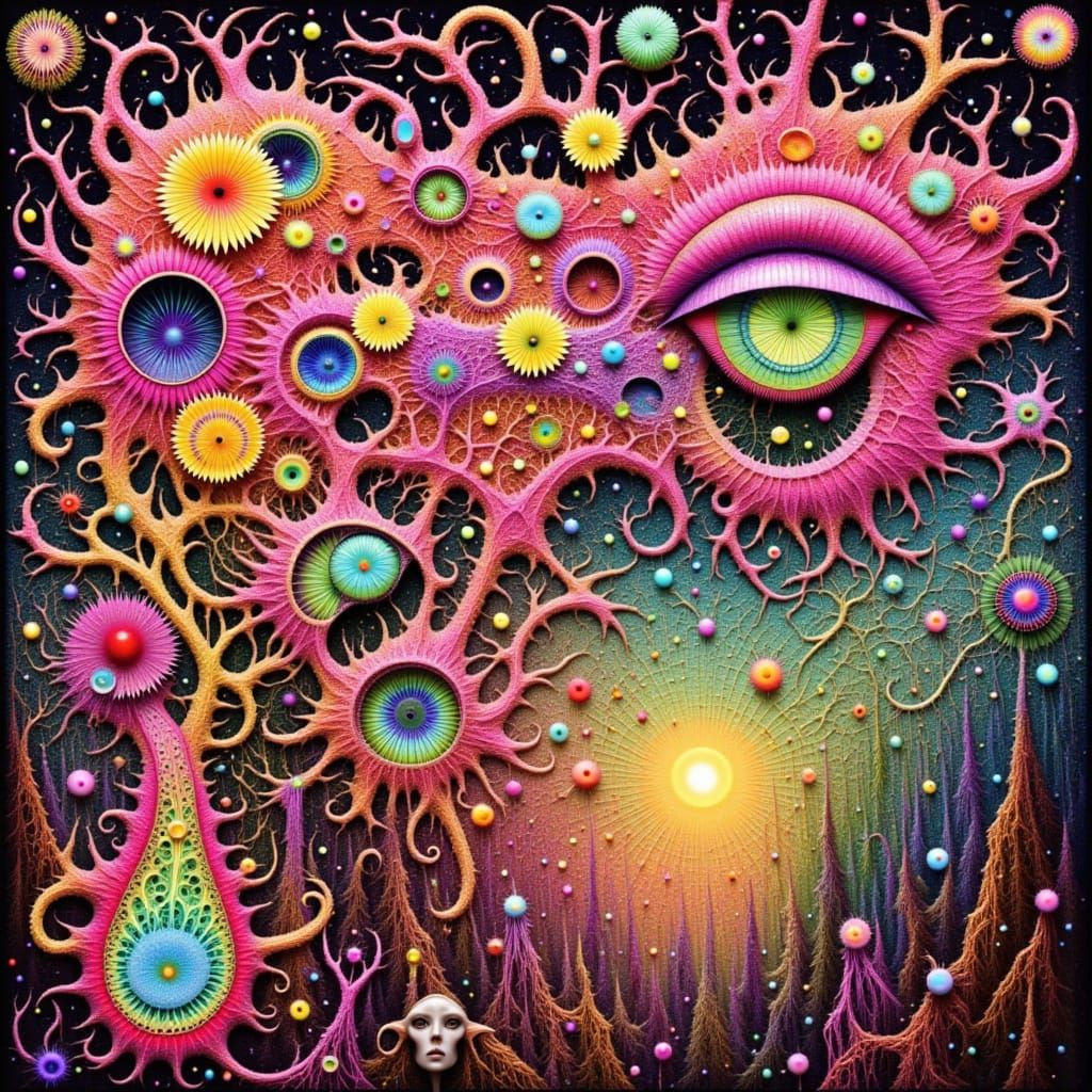 Vivid Alien Landscape with Rainbow Eyes