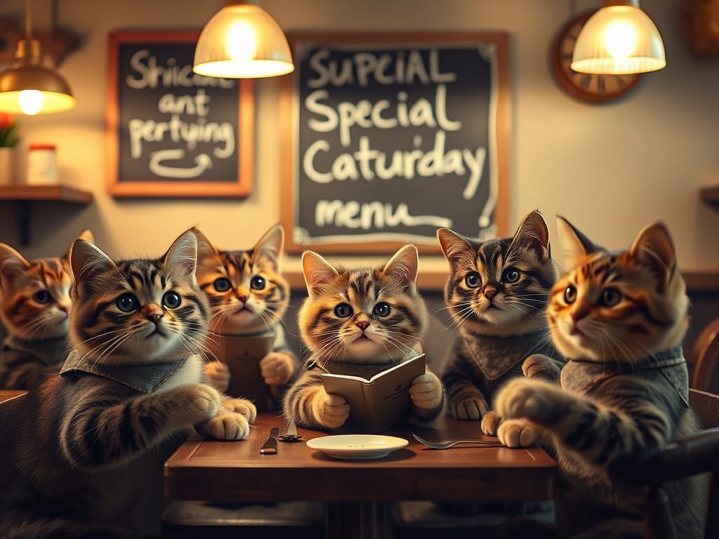 Cute Cats Enjoying a Special Caturday Menu at a Cozy Restaur...