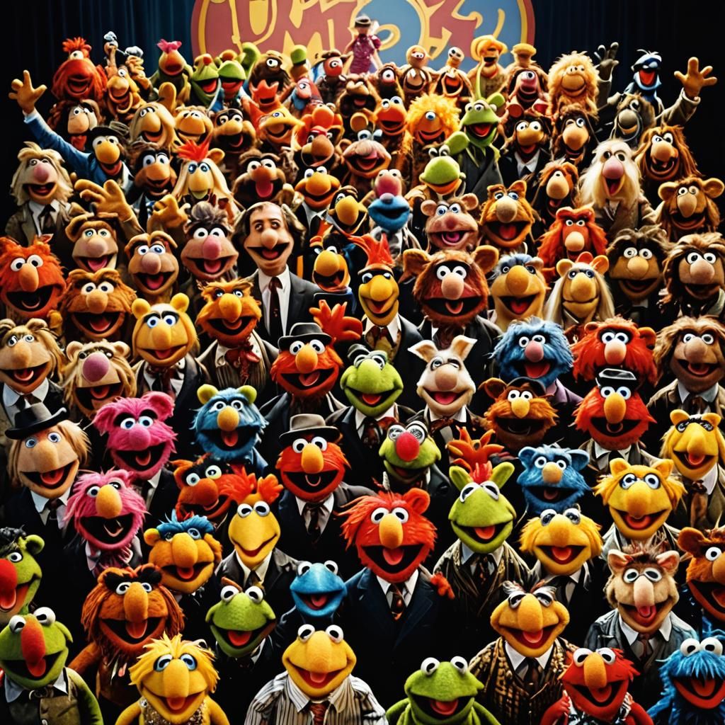 Muppet-Style Puppet Group Photo on Stage