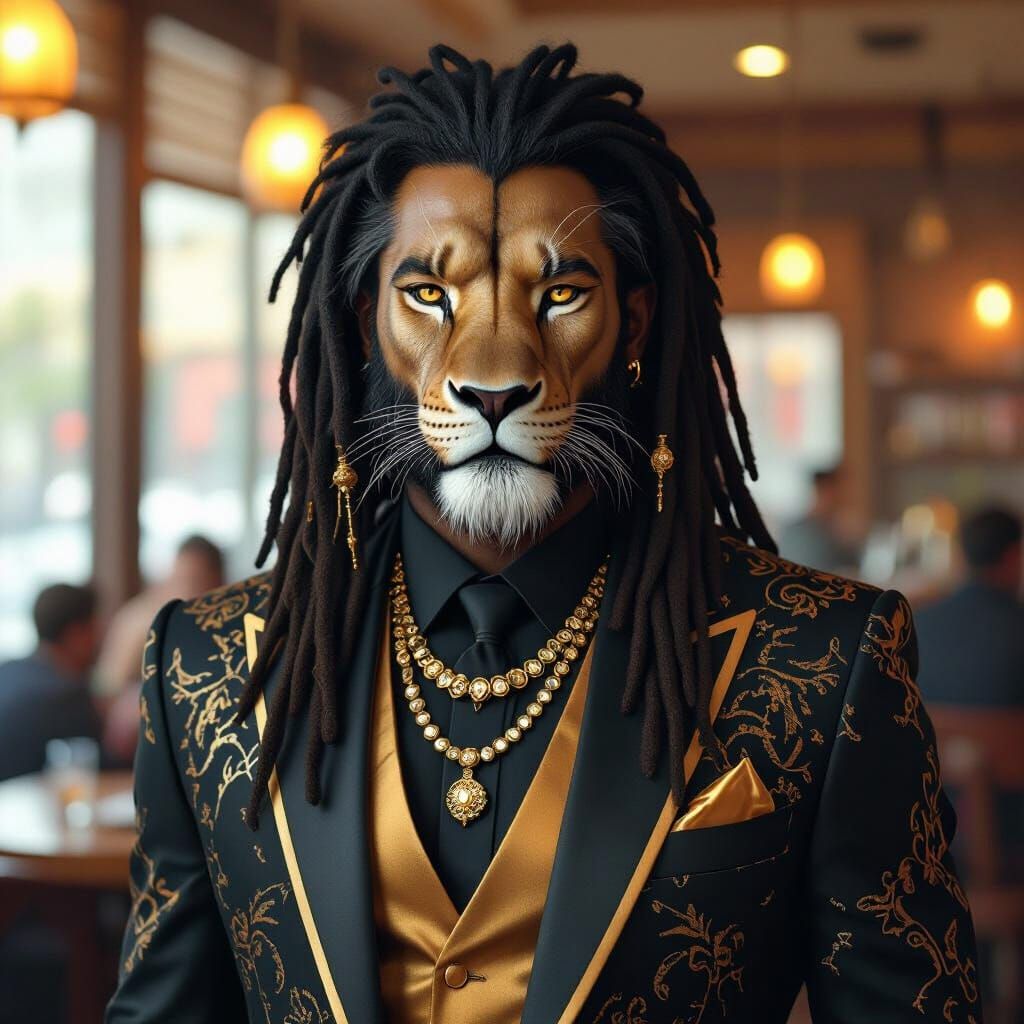 Lion-faced Man with Dreadlocks in Gold Suit