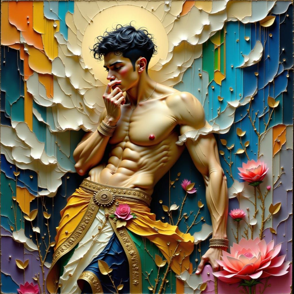 Contemplative Man in Baroque Cubist Dreamscape