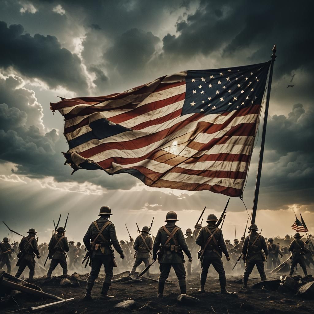Dramatic Battlefield Scene with Ripped American Flag