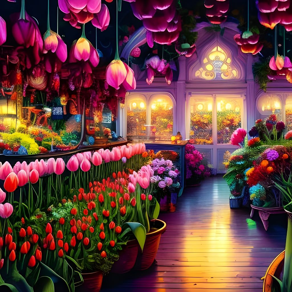 Tulips in Quaint Flower Shop: 3D Comic Pop Art