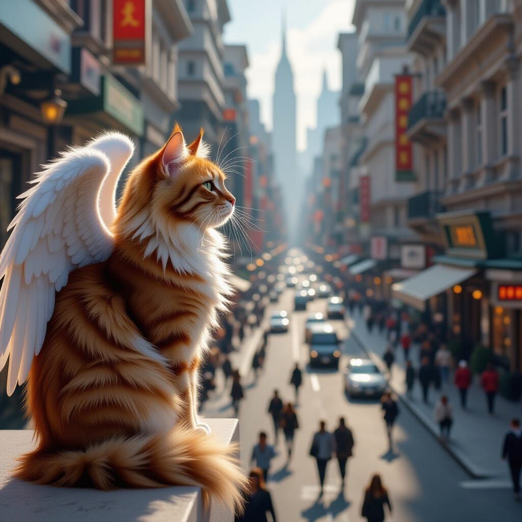 Guardian Angel Cat Watching Over City Life