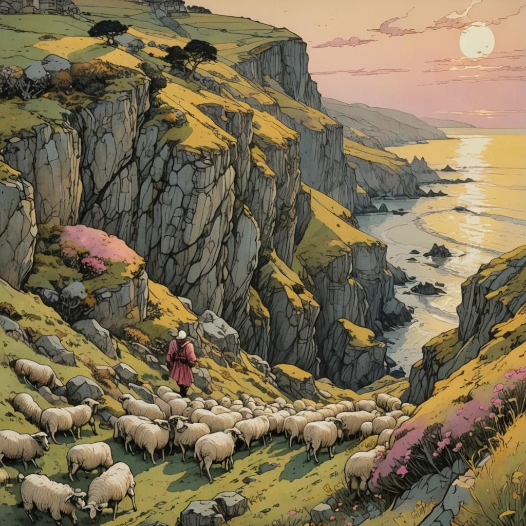 Whimsical Shepherd in Sunset Coastal Landscape