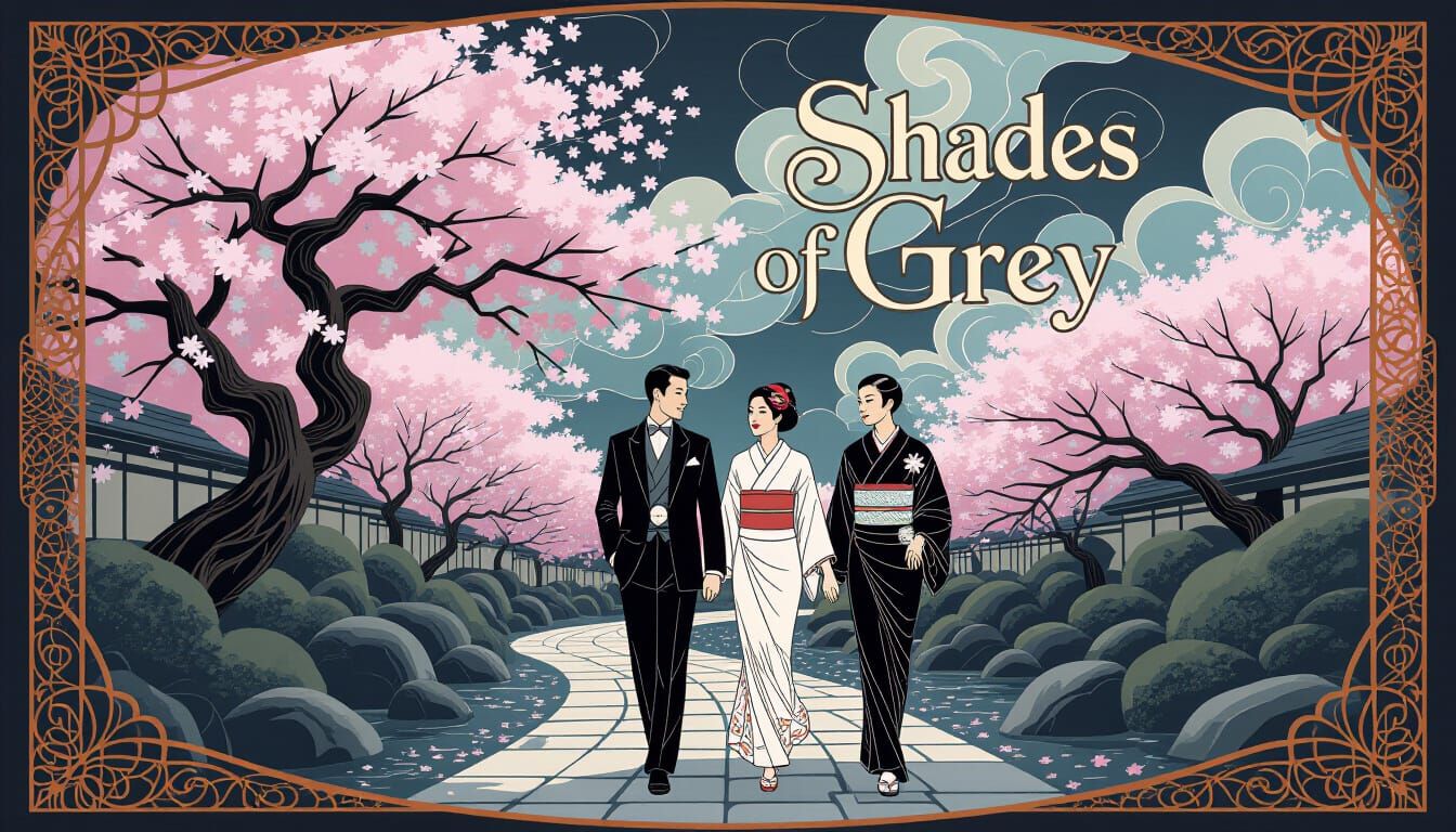 Elegant Couple in Japanese Garden with Art Deco Elements