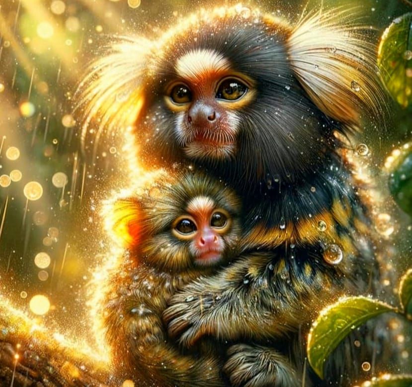 Adorable Marmoset Cuddles Baby in Lush Jungle Rain