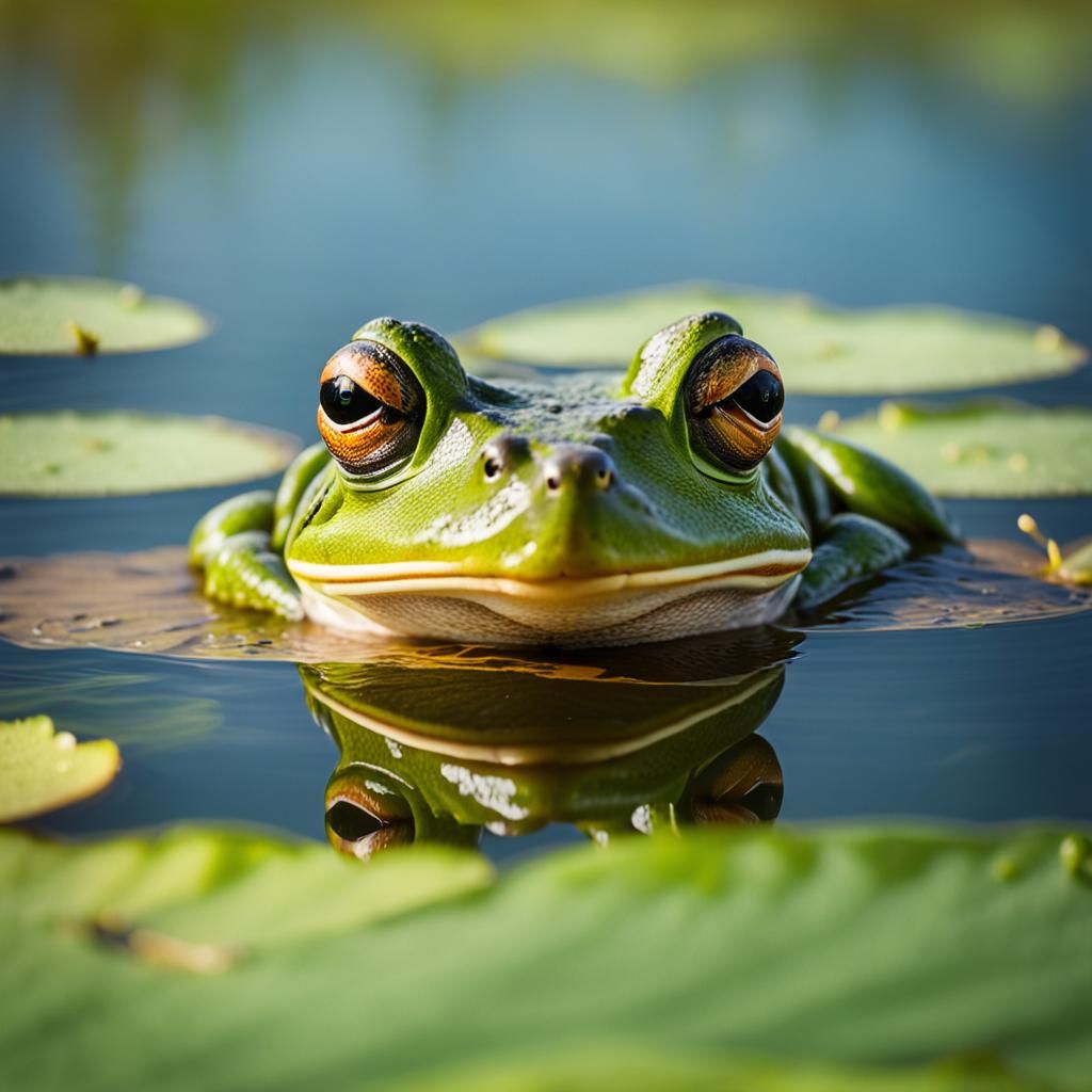 Macro Photo of a Frog on Lily Pad