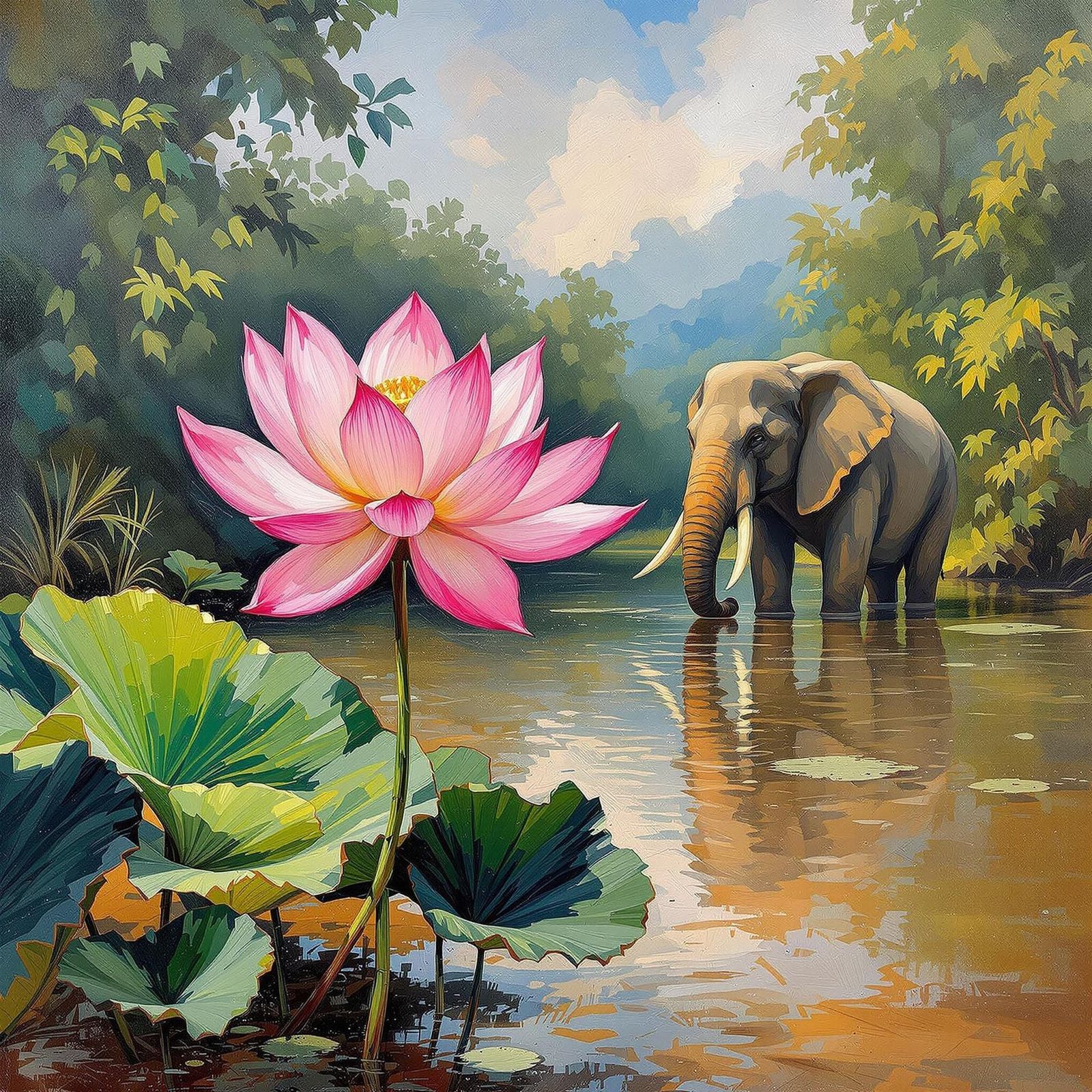 Lotus Blooms in the Rainforest with a Majestic Indian Elepha...