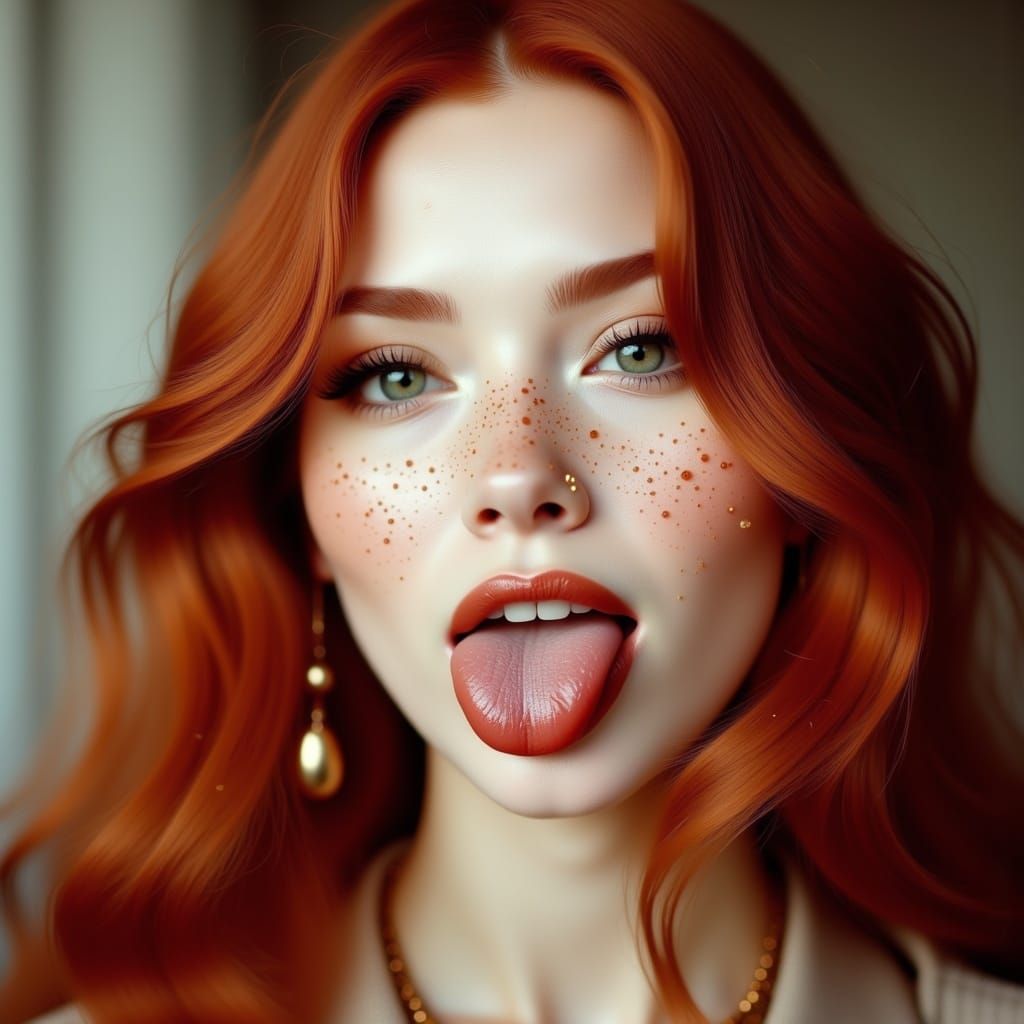 Redhead Woman Portrait with Freckles and Green Eyes