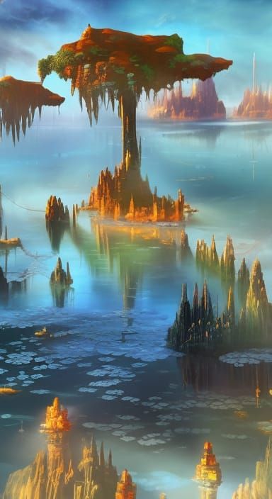 Colorful Alien City Reflected in Mirror Lake