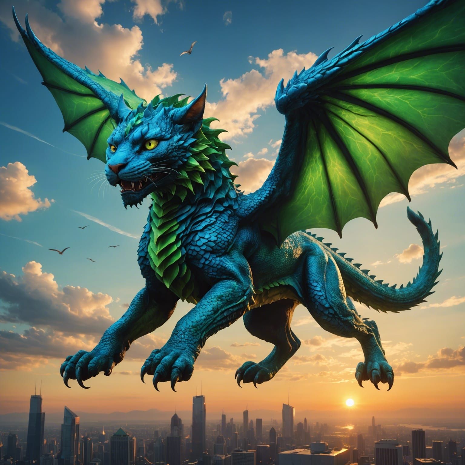Blue-Green Dragon-Cat Chimera Soaring at Sunset