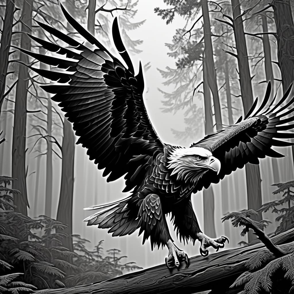 Monochrome Bald Eagle Soaring from Dark Forest