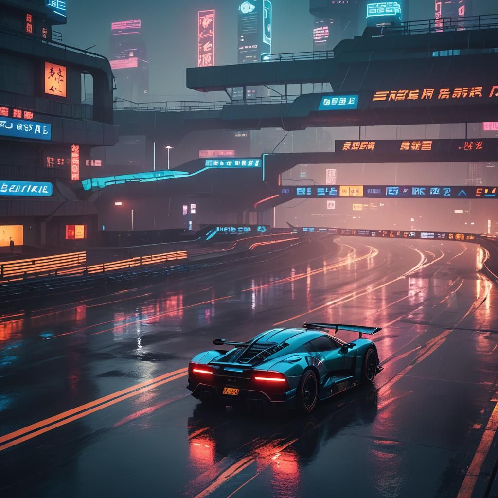 Cyberpunk Racing Car on Futuristic Racetrack
