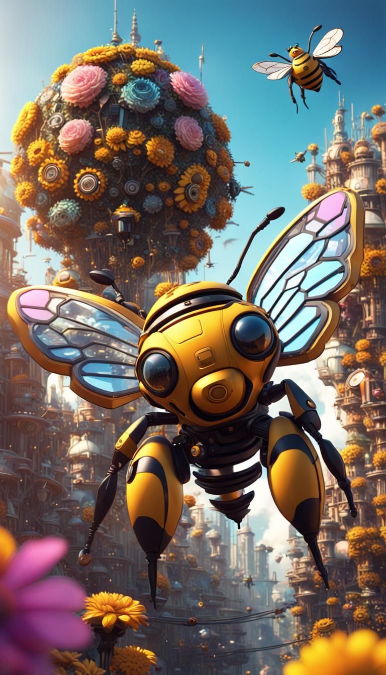 Mechanical Bee Flying Through Flower City in Solar Punk