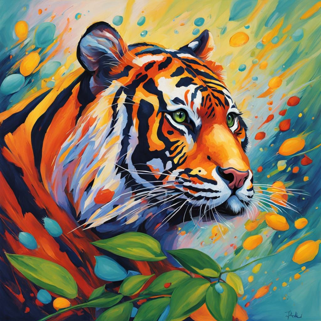 Tiger Chasing Morning Dew in Vibrant Splash Art