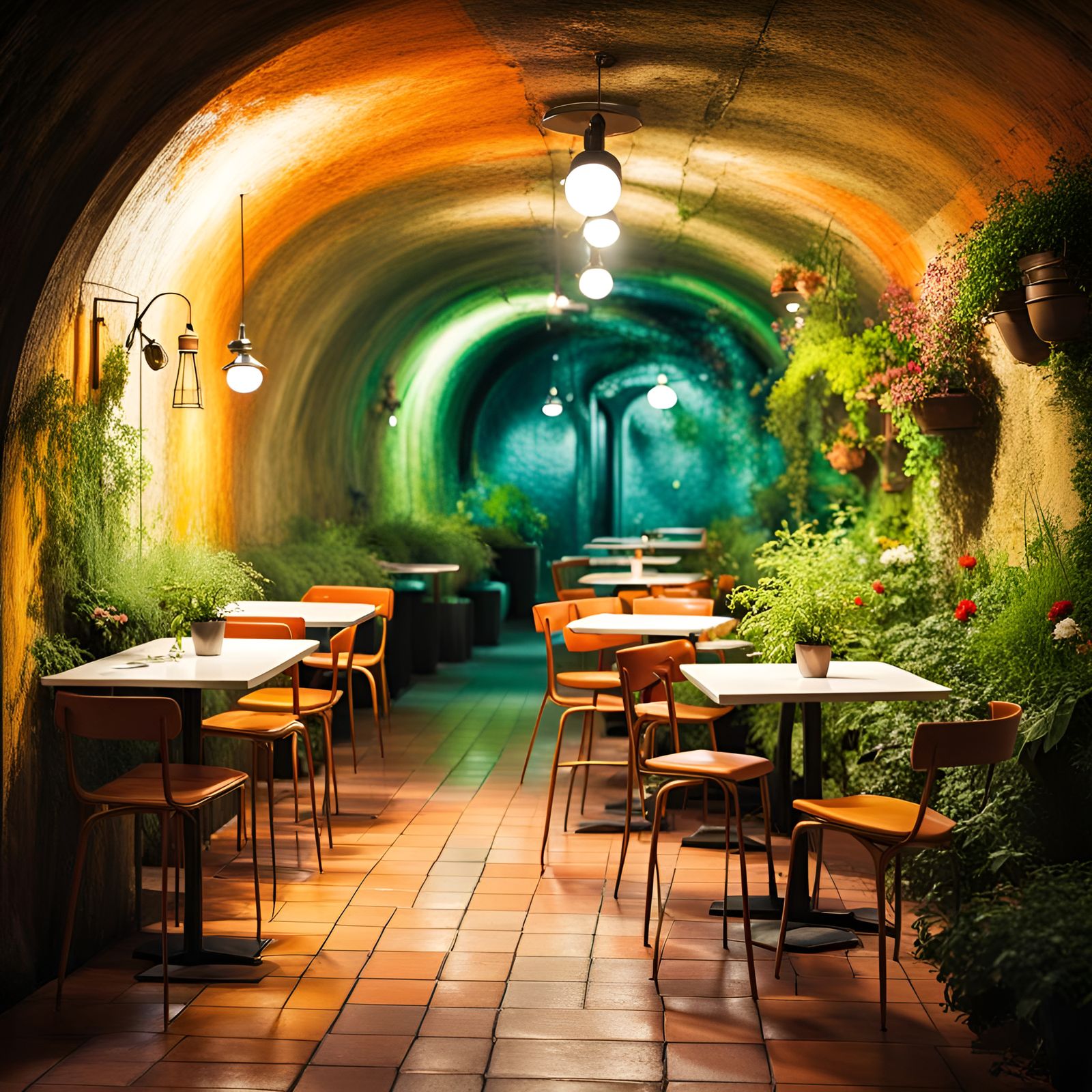 Bright Garden Cafe in Underground Tunnel Abstract Art