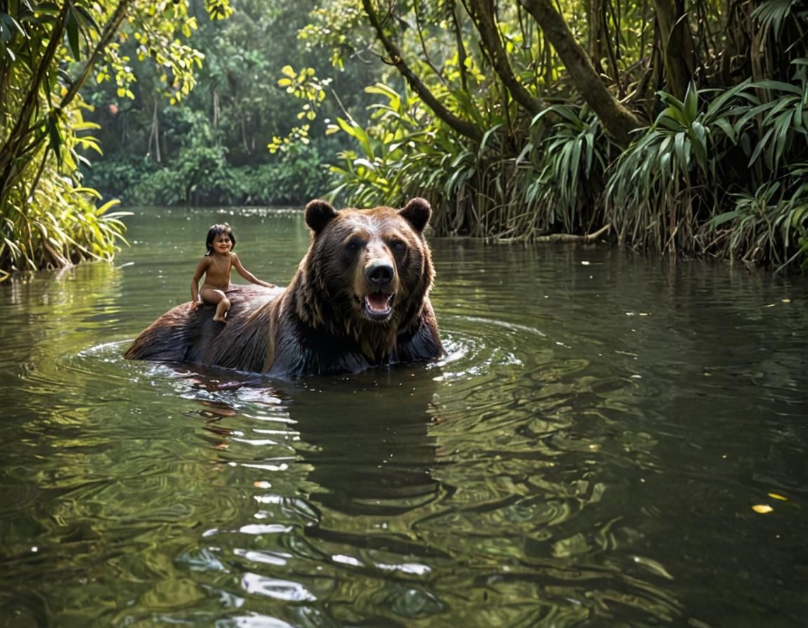 Baloo and Mowgli Swimming in Jungle Lake