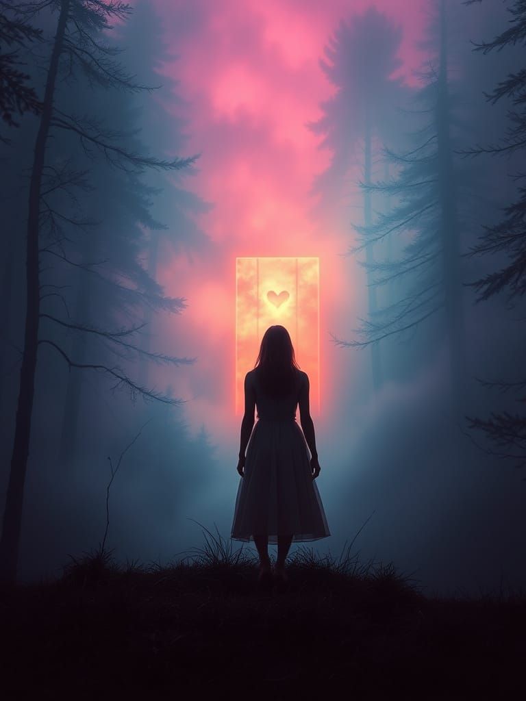 Woman at Glowing Door in Rothko-esque Forest