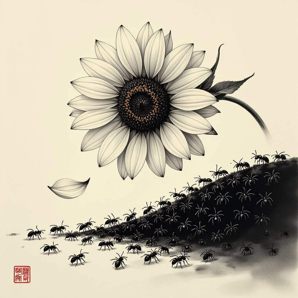 Sunflower Petal Falls Onto Ant Mass in Minimalist Style
