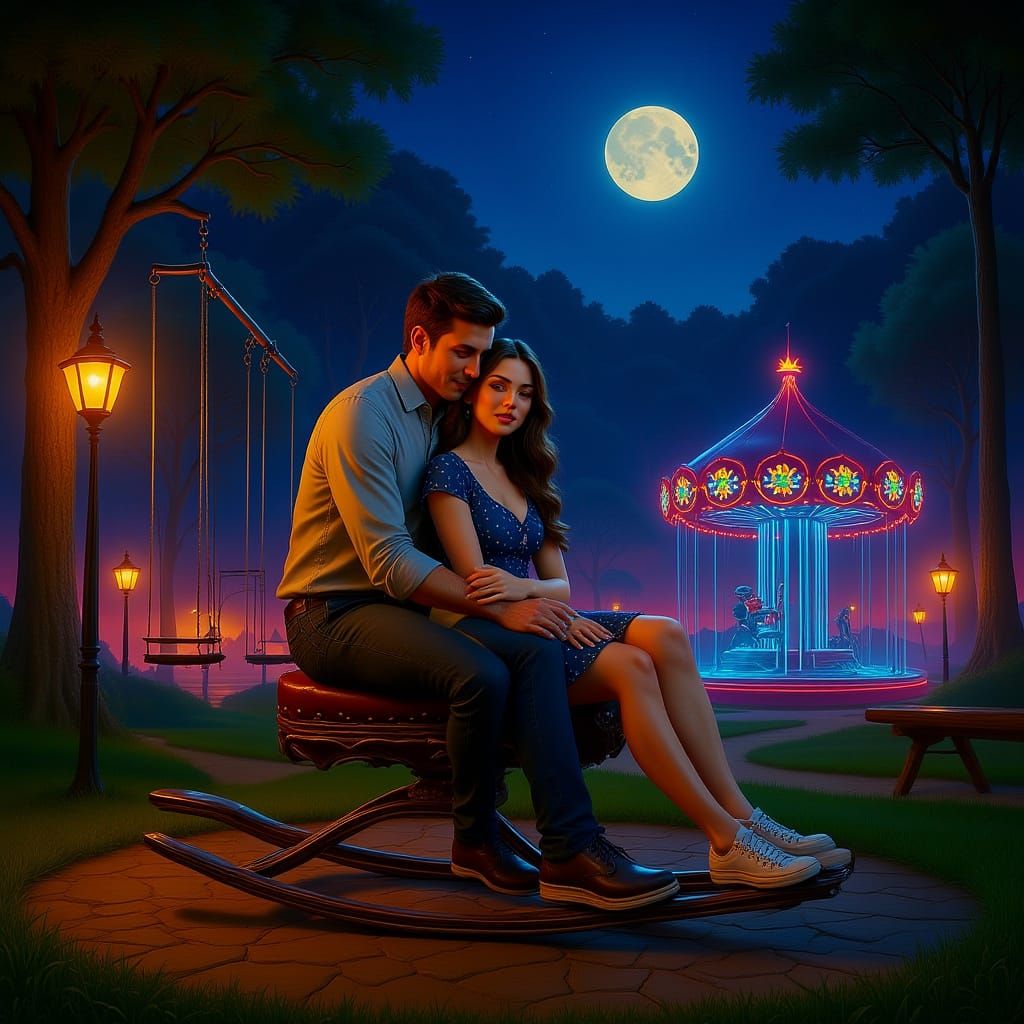 Couple Cuddling on Vintage Teeter Totter at Dusk