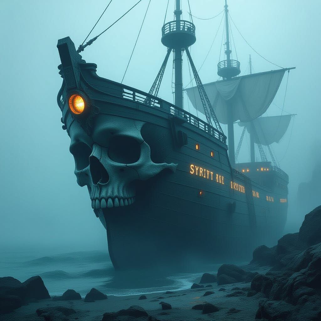 Ghostly Ship Skull Prow with Bioluminescent Veins