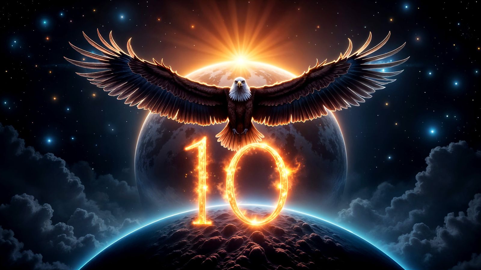 Majestic Eagle Emerges From Fiery Planet in Cosmic Space