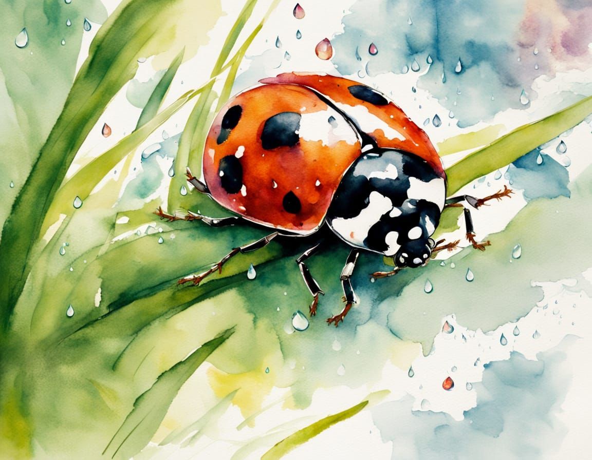 Ladybug in Raindrops: Watercolour Close-Up