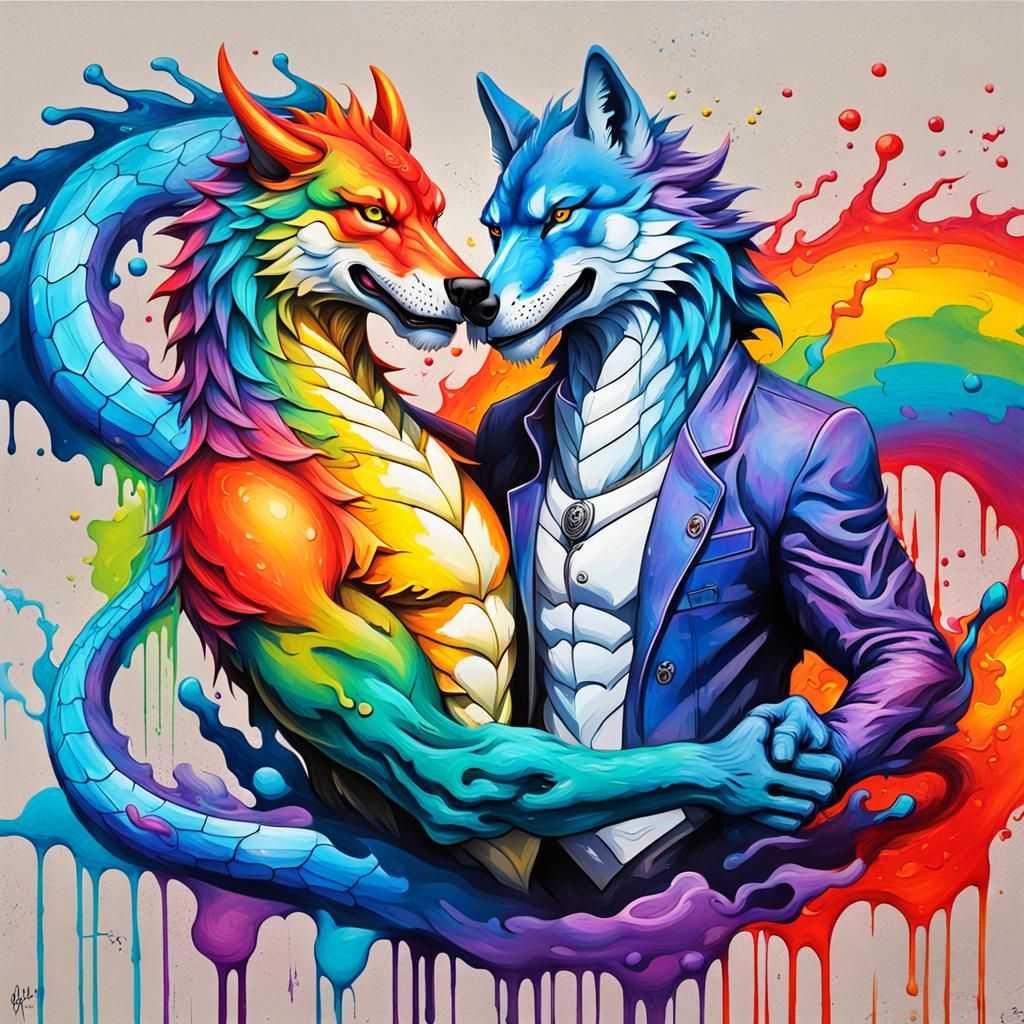 Wolf and Dragon Couple in Graffiti Splash Art