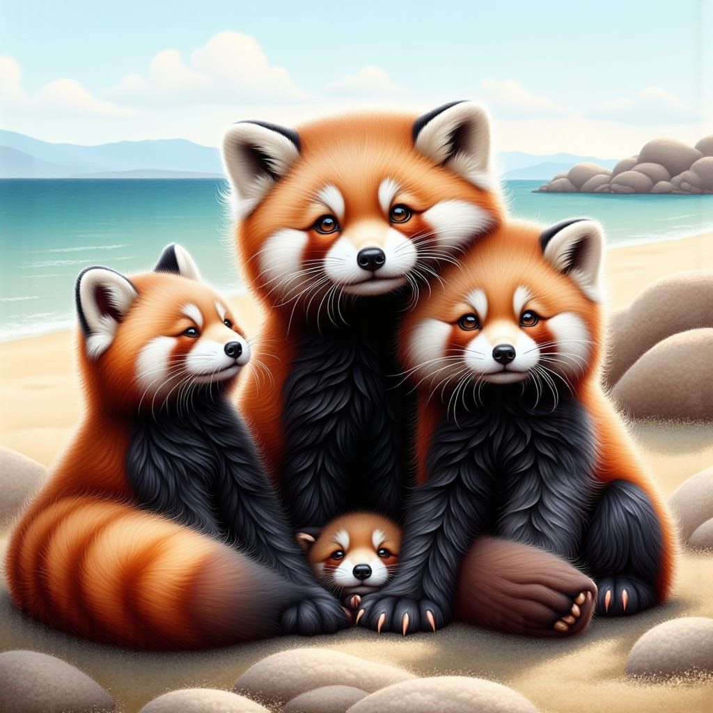 Red Panda Family Enjoying a Seaside Day