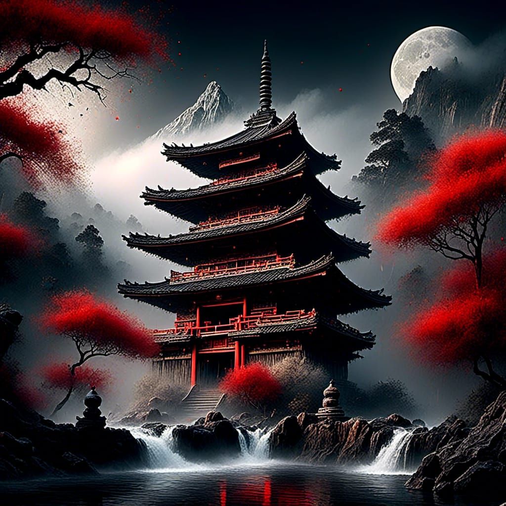 Japanese Temple in Mist with Waterfall