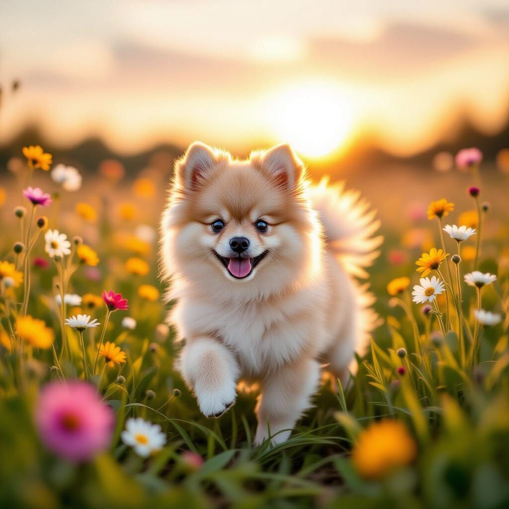 Pomeranian Puppy in Wildflowers, Impressionist Style